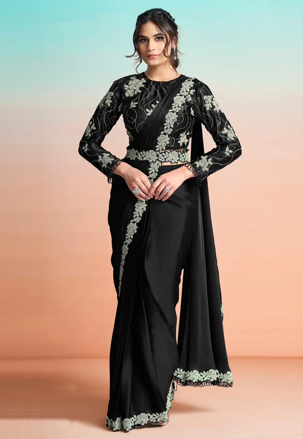 Black Satin Silk Lehenga Saree 327236