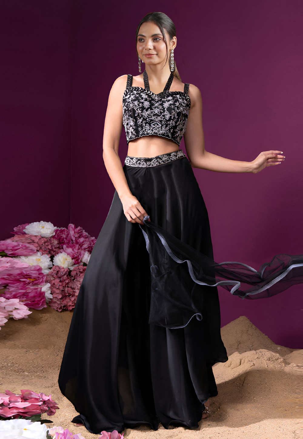 Black Satin Silk Palazzo With Crop Top 308160