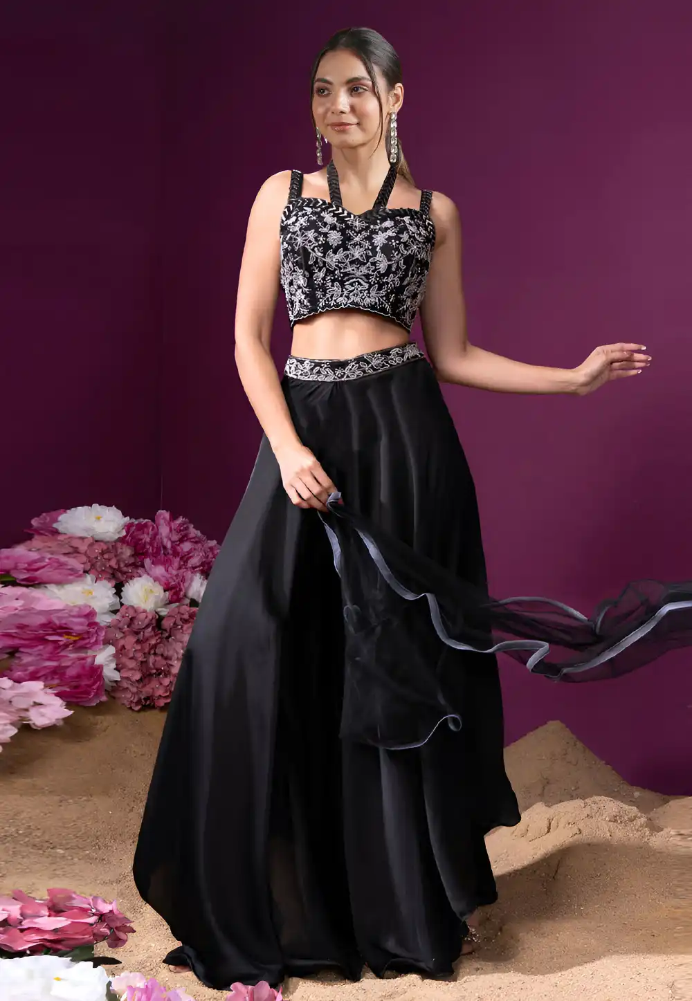 Black Satin Silk Palazzo With Crop Top 308160