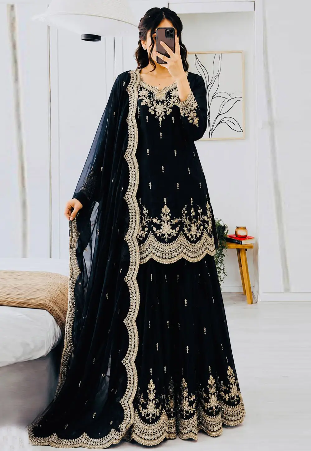 Black Satin Silk Readymade Palazzo Suit 332323
