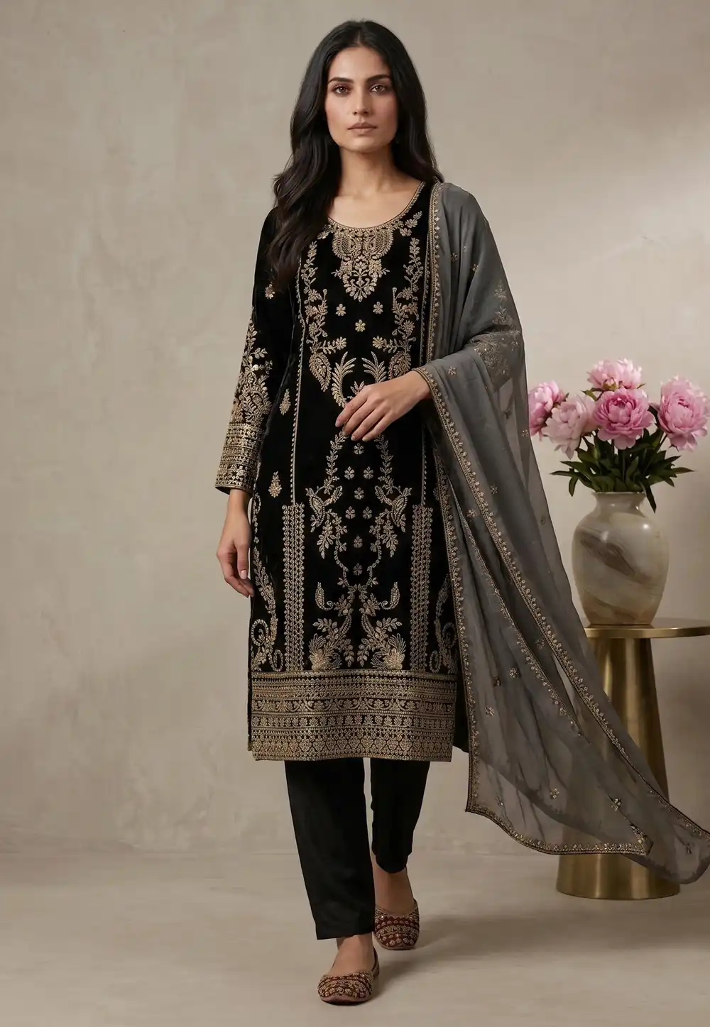 Black Satin Silk Readymade Pant Style Suit 330700