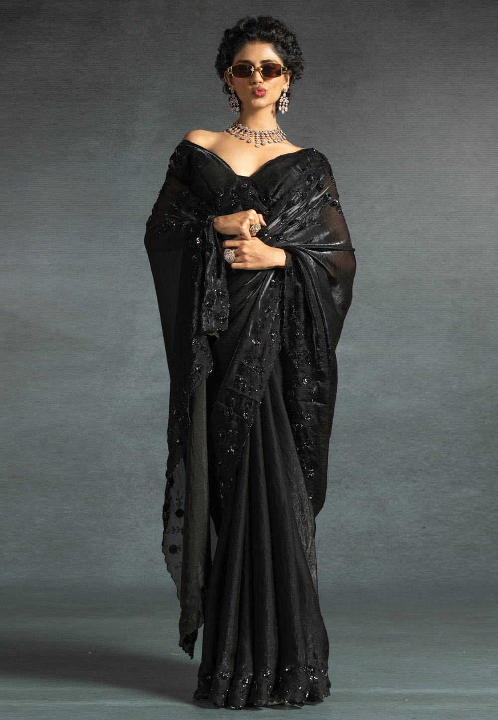 Black Satin Silk Saree With Blouse 307687
