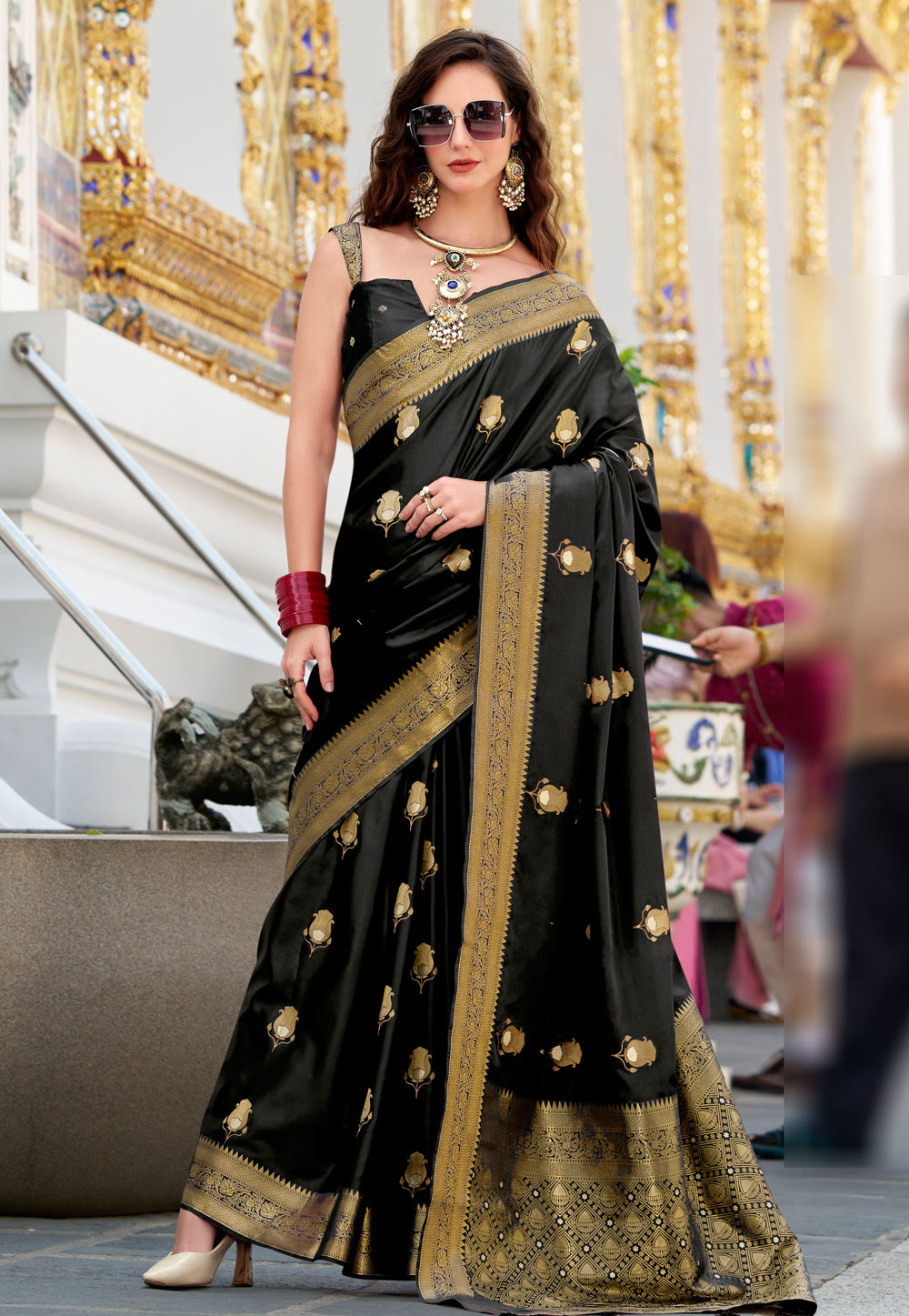Black Satin Silk Saree With Blouse 307011