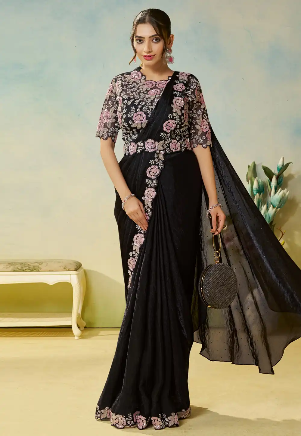 Black Satin Silk Saree With Blouse 317965