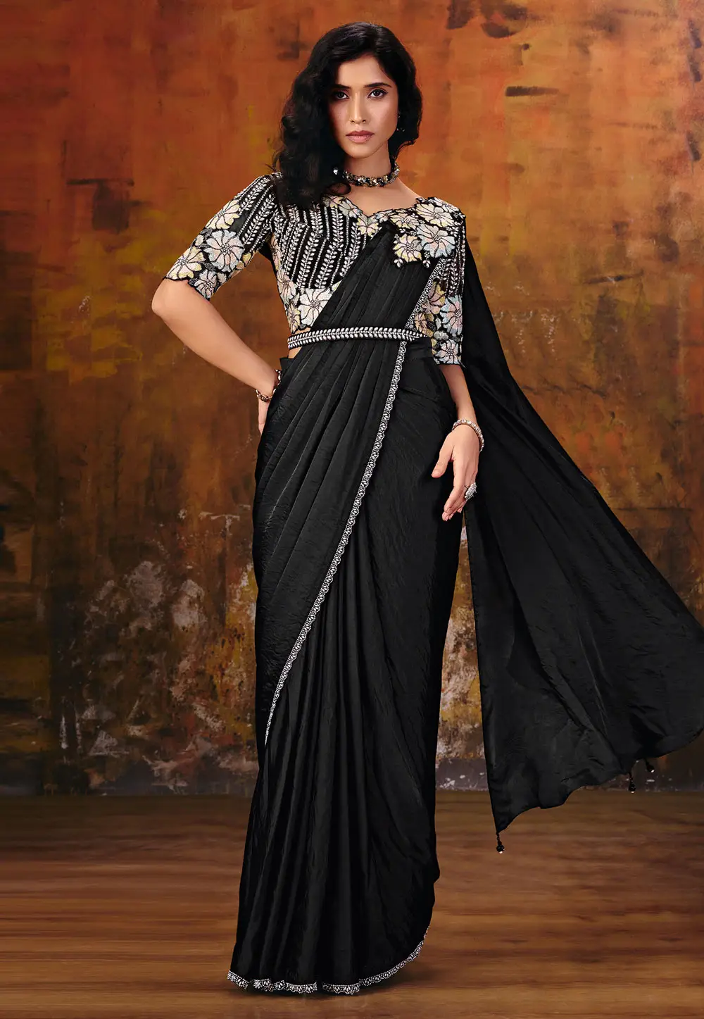 Black Satin Silk Saree With Blouse 335628