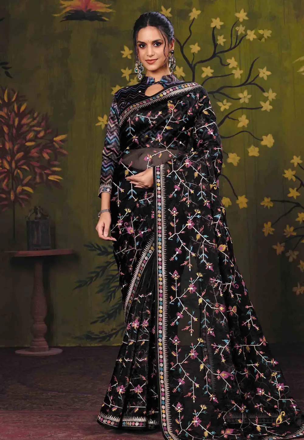 Black Satin Silk Saree With Blouse 336250