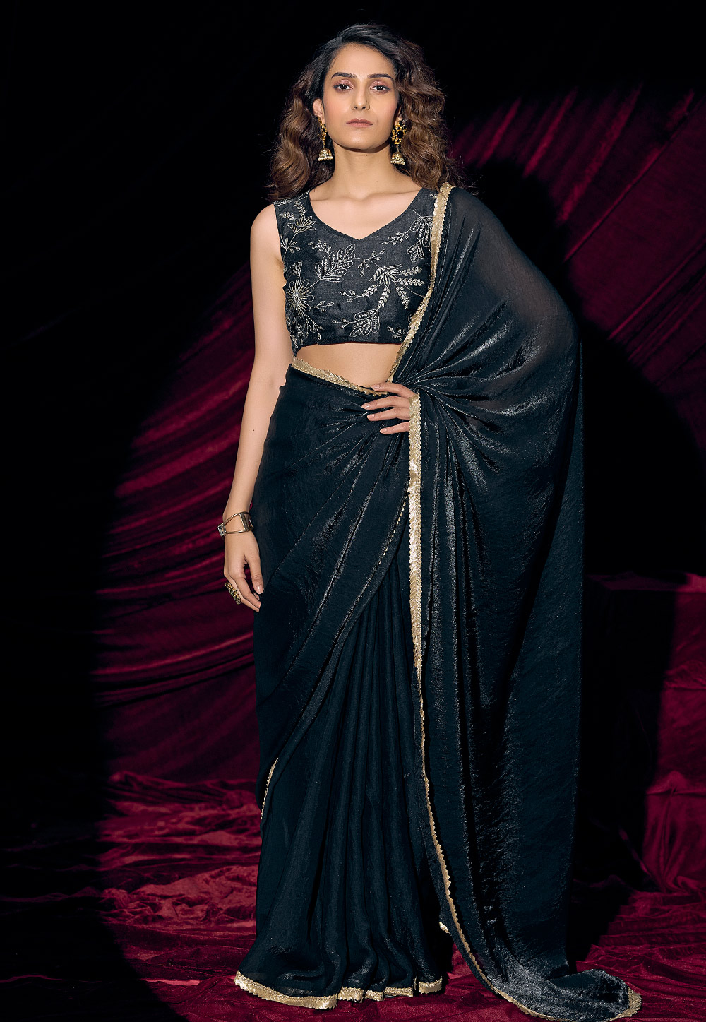 Black Satin Silk Saree With Blouse 327869