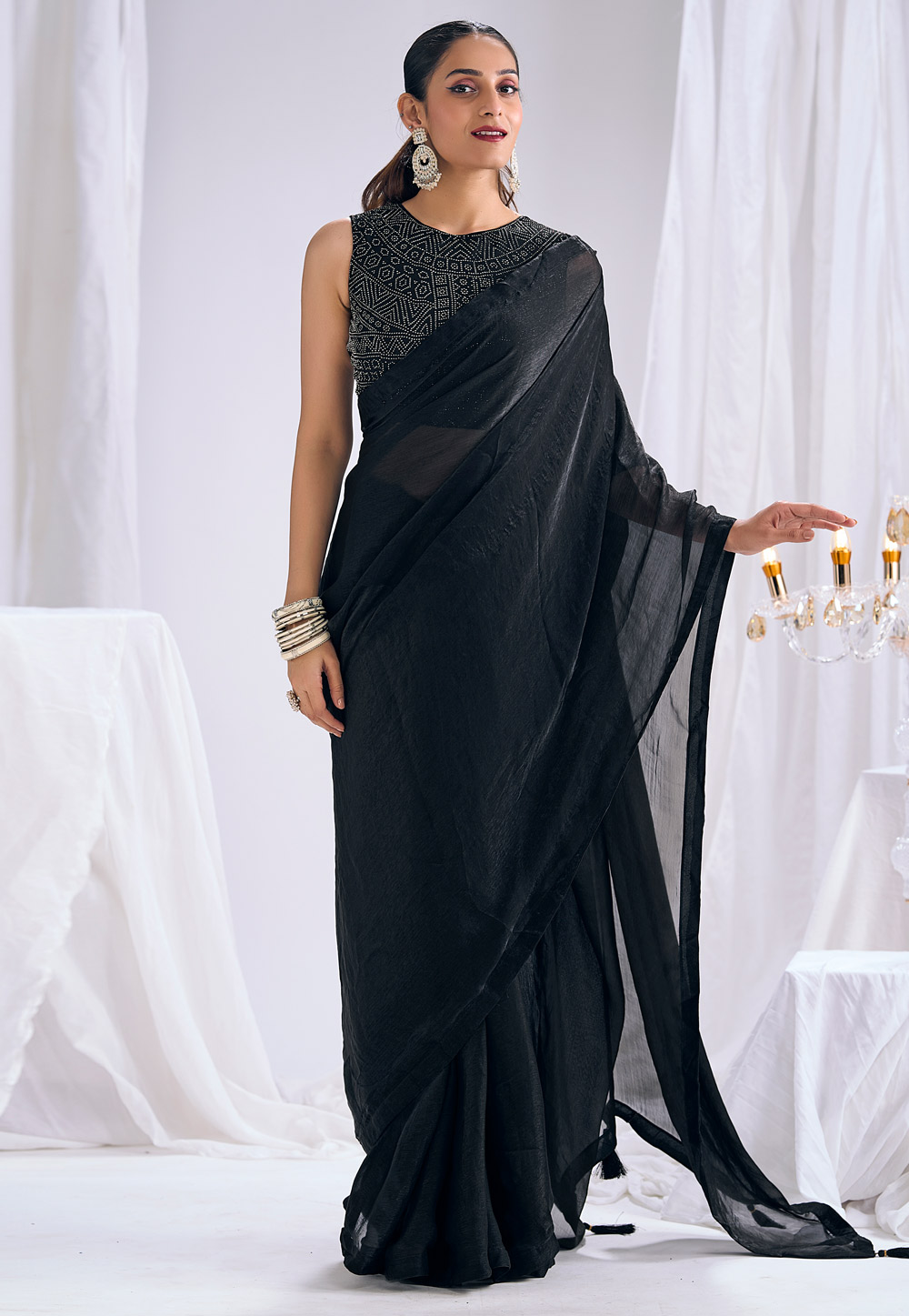Black Satin Silk Saree With Blouse 327778