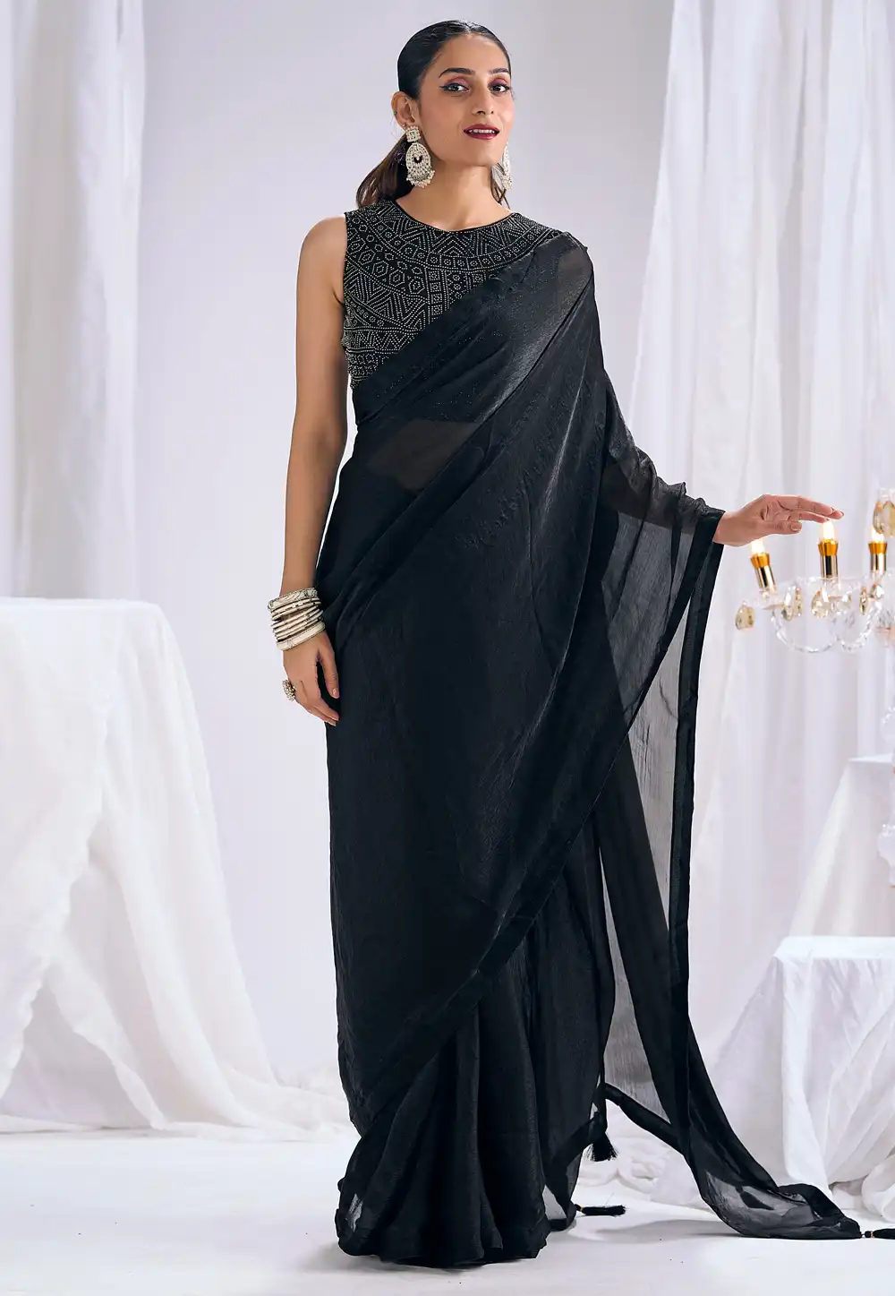 Black Satin Silk Saree With Blouse 327778