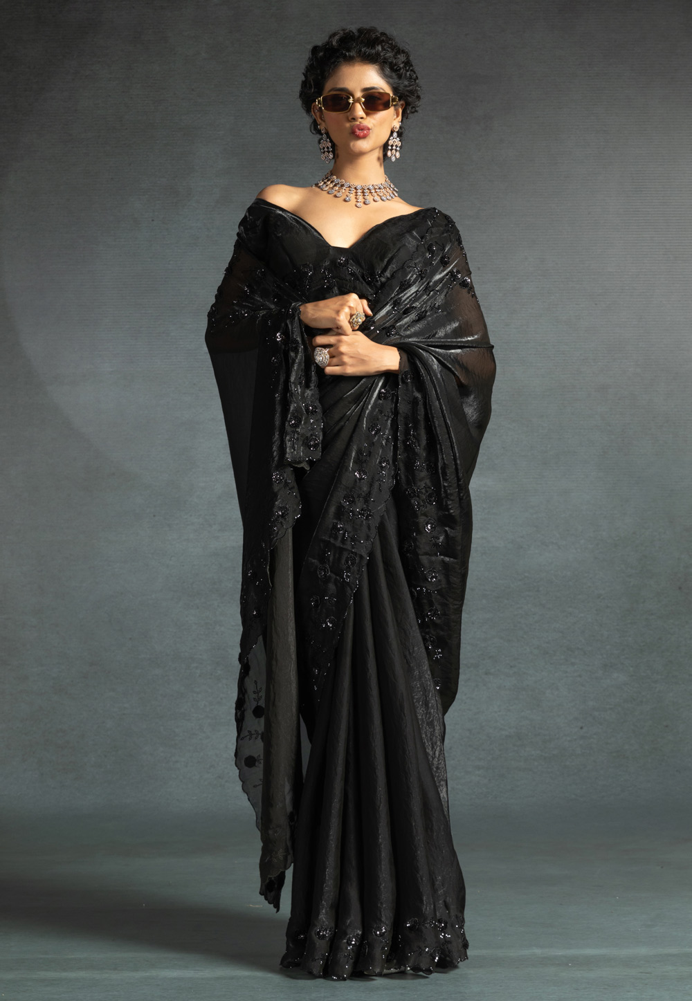 Black Satin Silk Saree With Blouse 307989