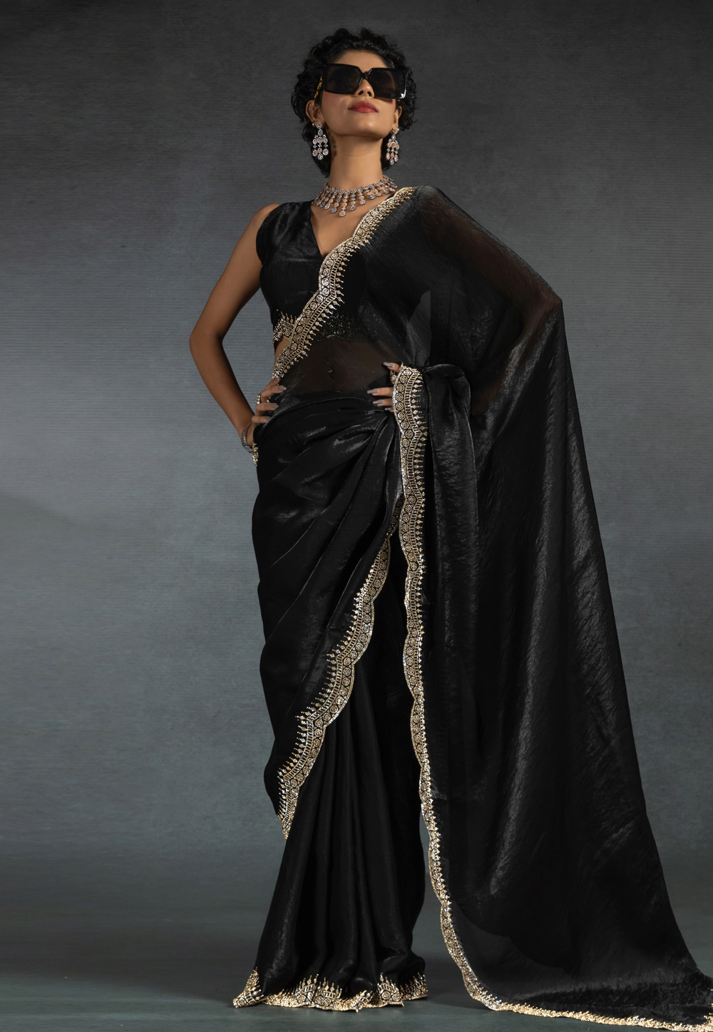 Black Satin Silk Saree With Blouse 307985