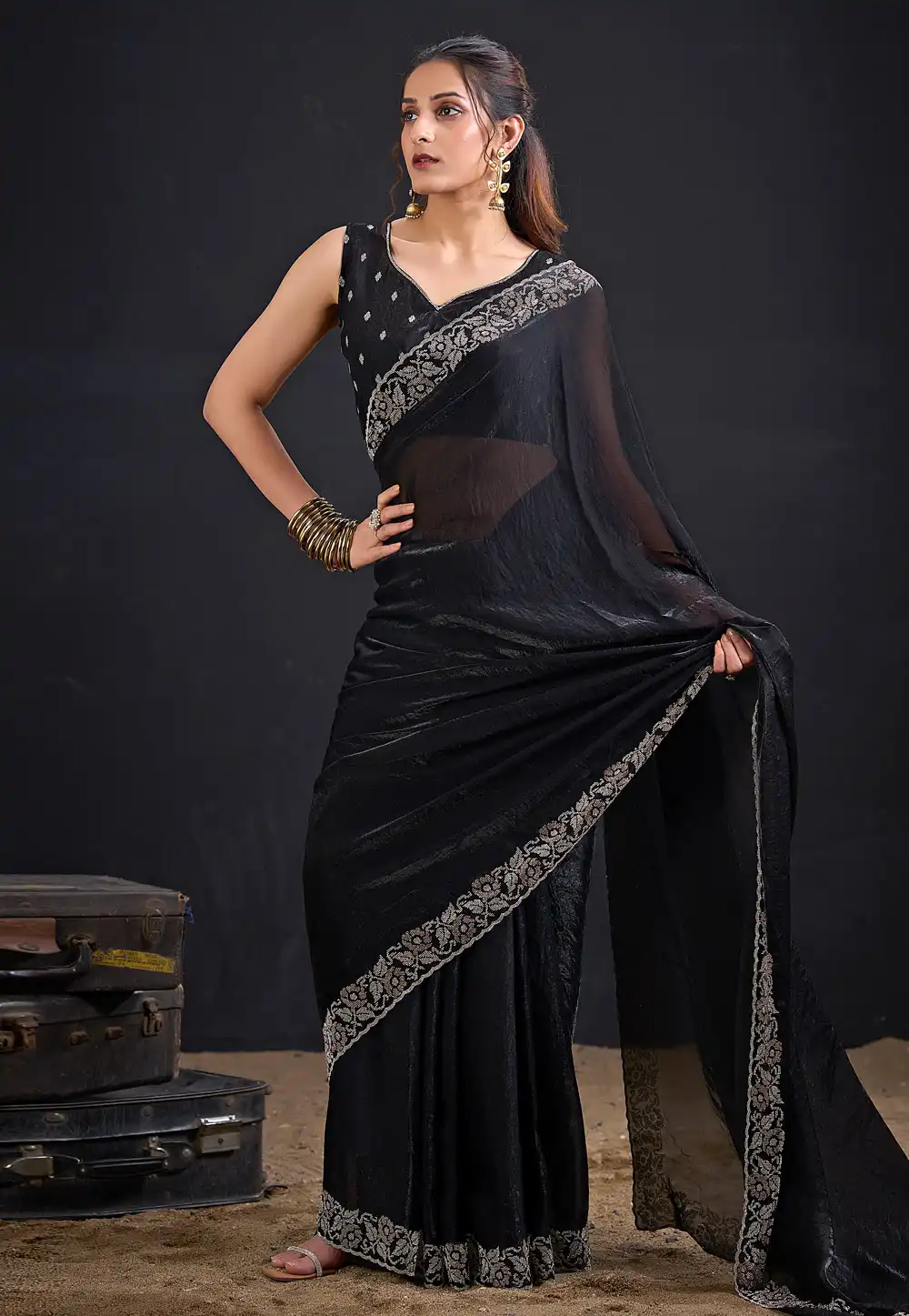 Black Satin Silk Saree With Blouse 327599