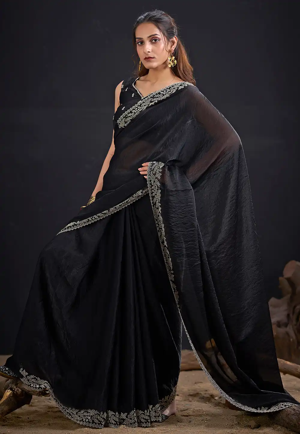 Black Satin Silk Saree With Blouse 327583