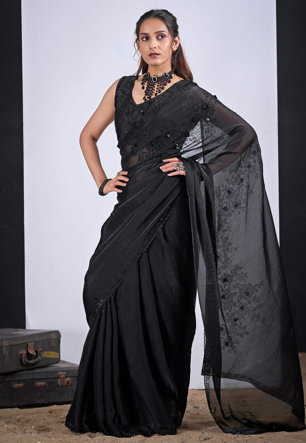 Black Satin Silk Saree With Blouse 327573