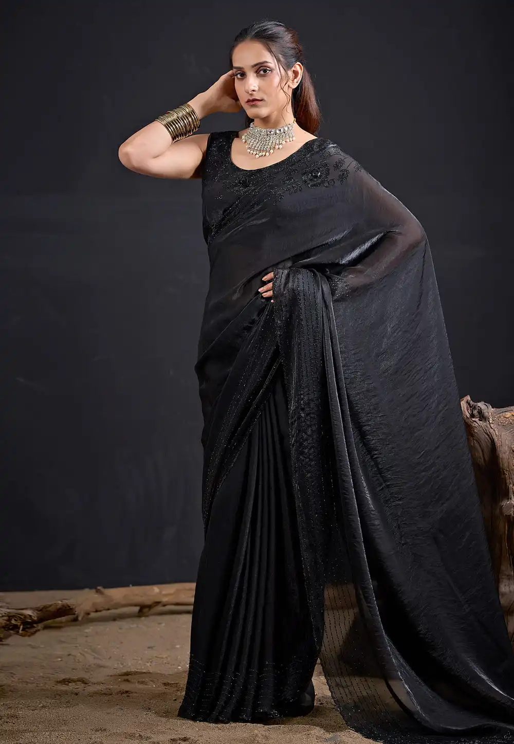 Black Satin Silk Saree With Blouse 327616