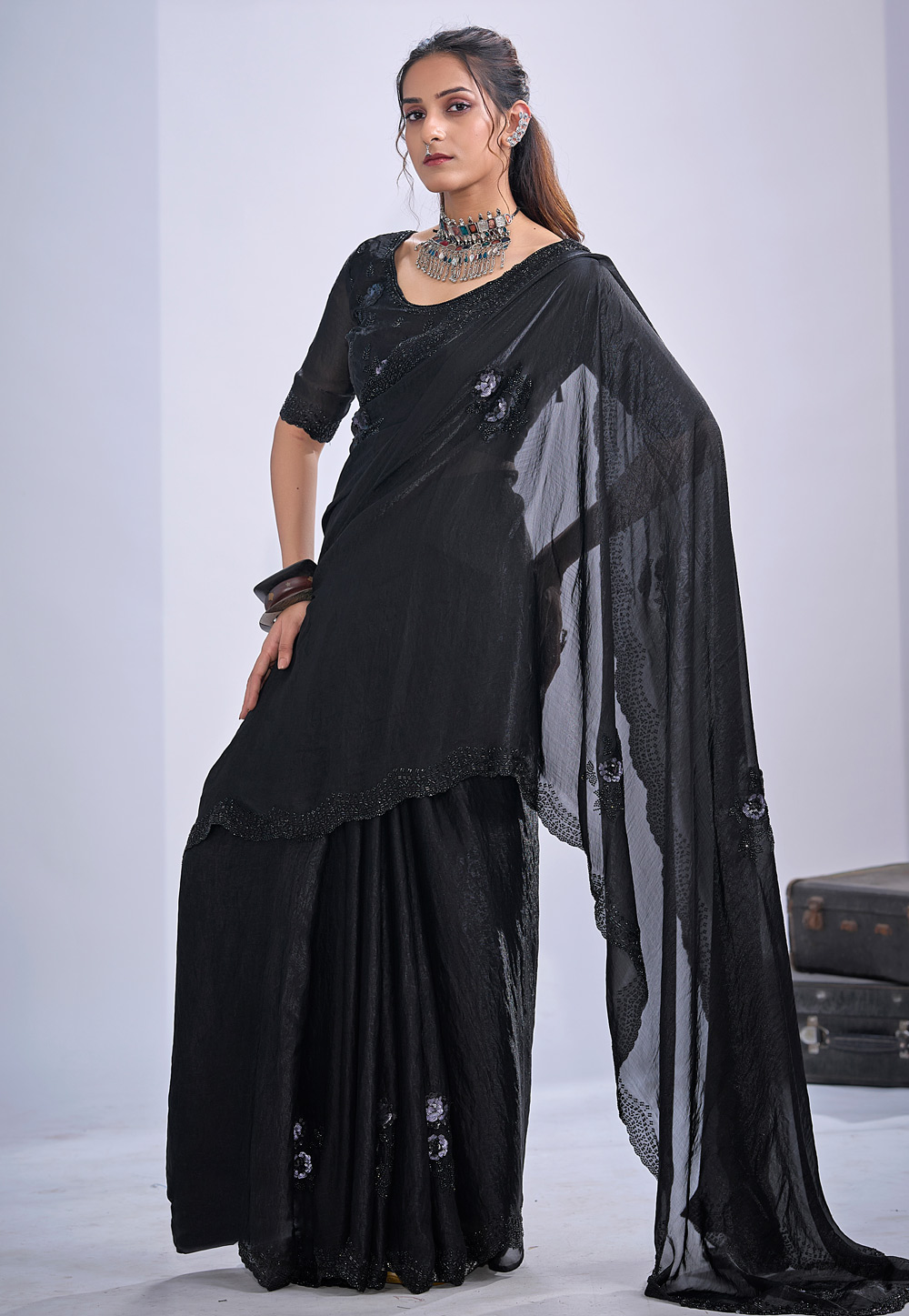 Black Satin Silk Saree With Blouse 327589