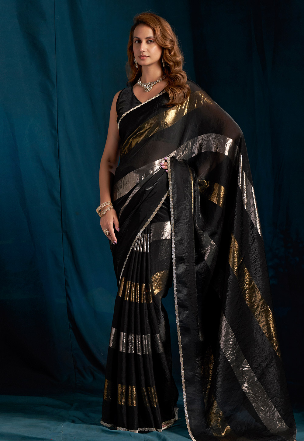 Black Satin Silk Saree With Blouse 328085
