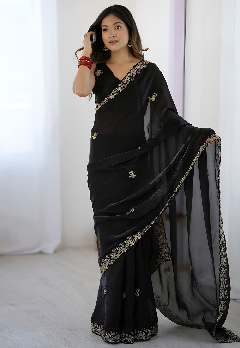 Black Satin Silk Saree With Blouse 326671