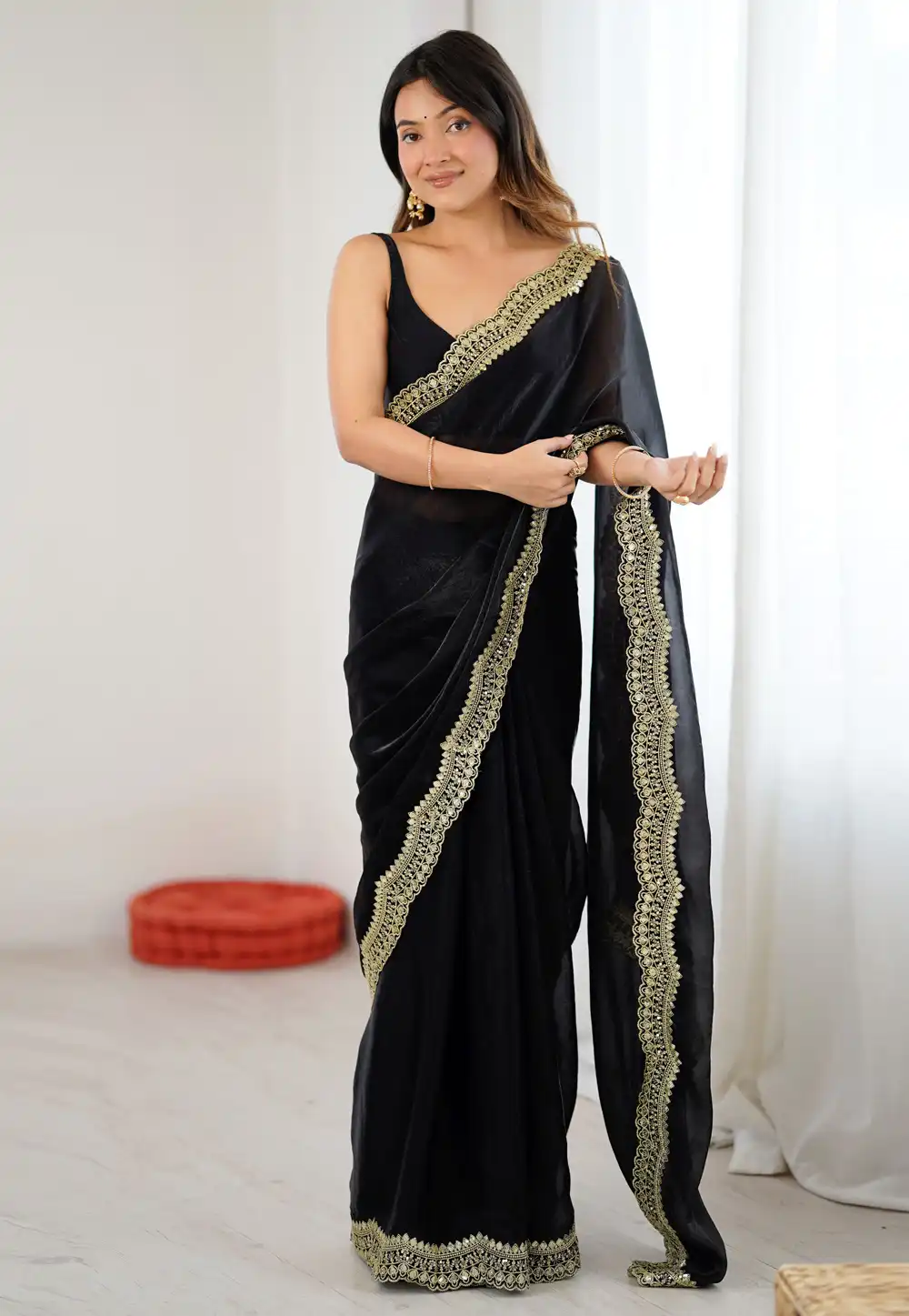 Black Satin Silk Saree With Blouse 326706