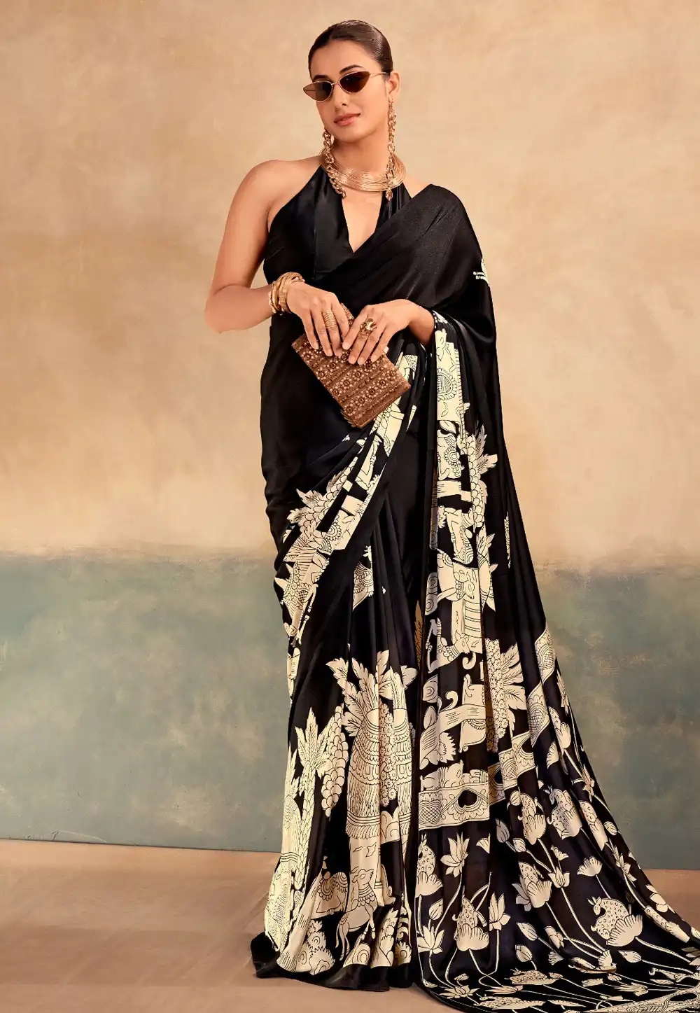 Black Satin Silk Saree With Blouse 329487