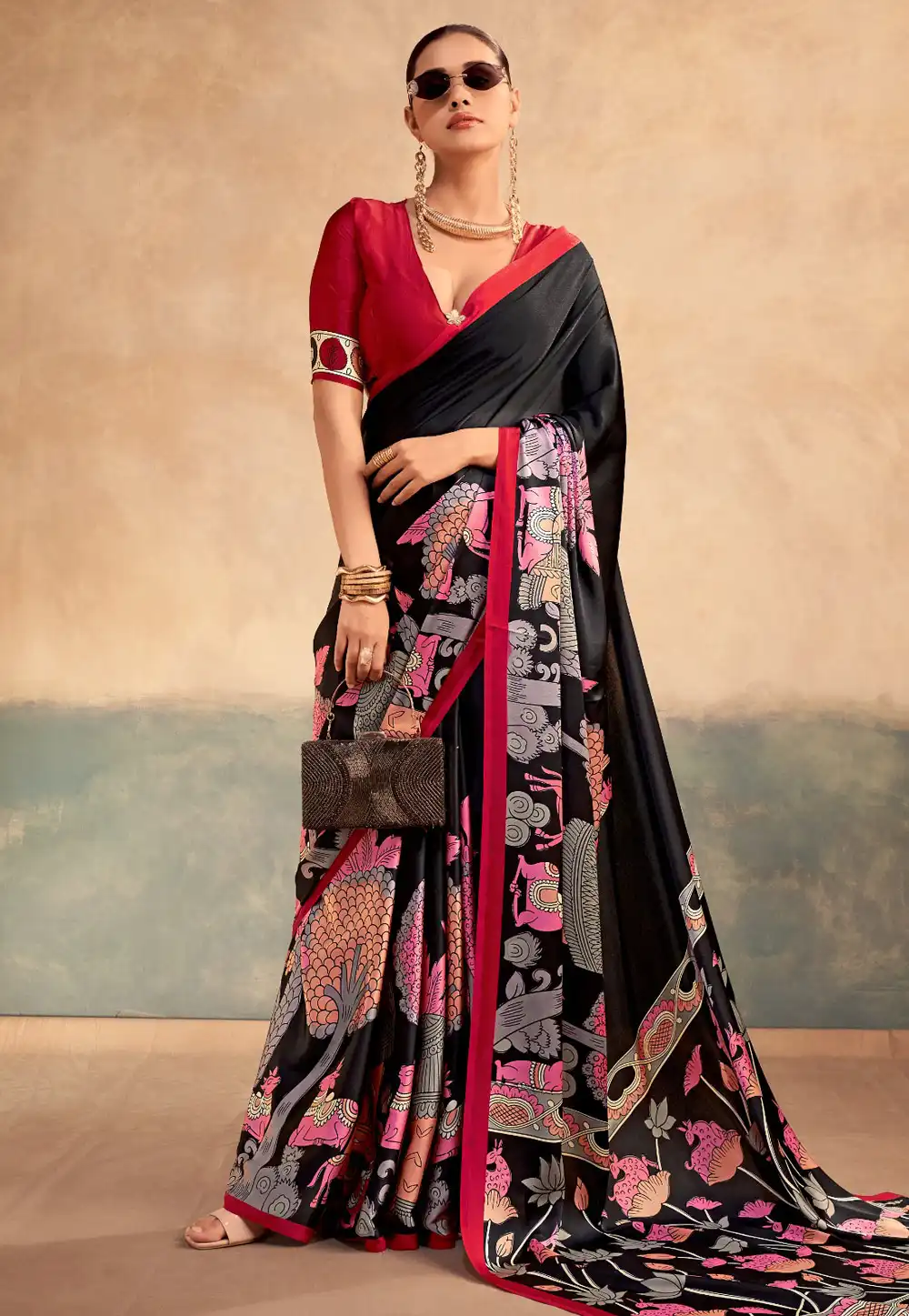 Black Satin Silk Saree With Blouse 329490