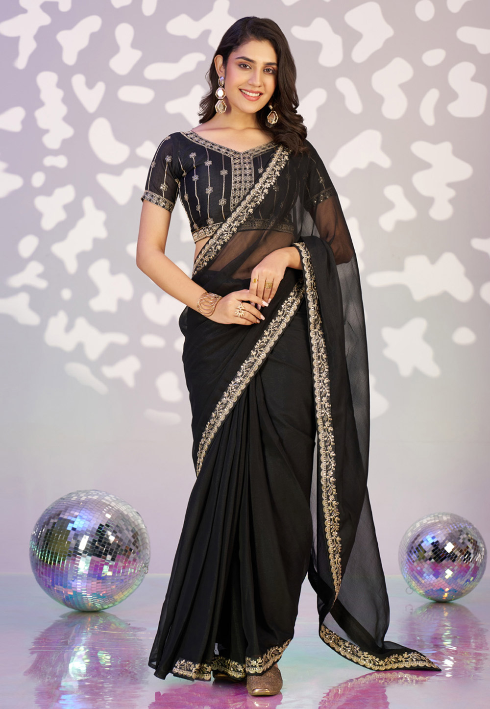 Black Shimmer Chiffon Lehenga Saree 323745
