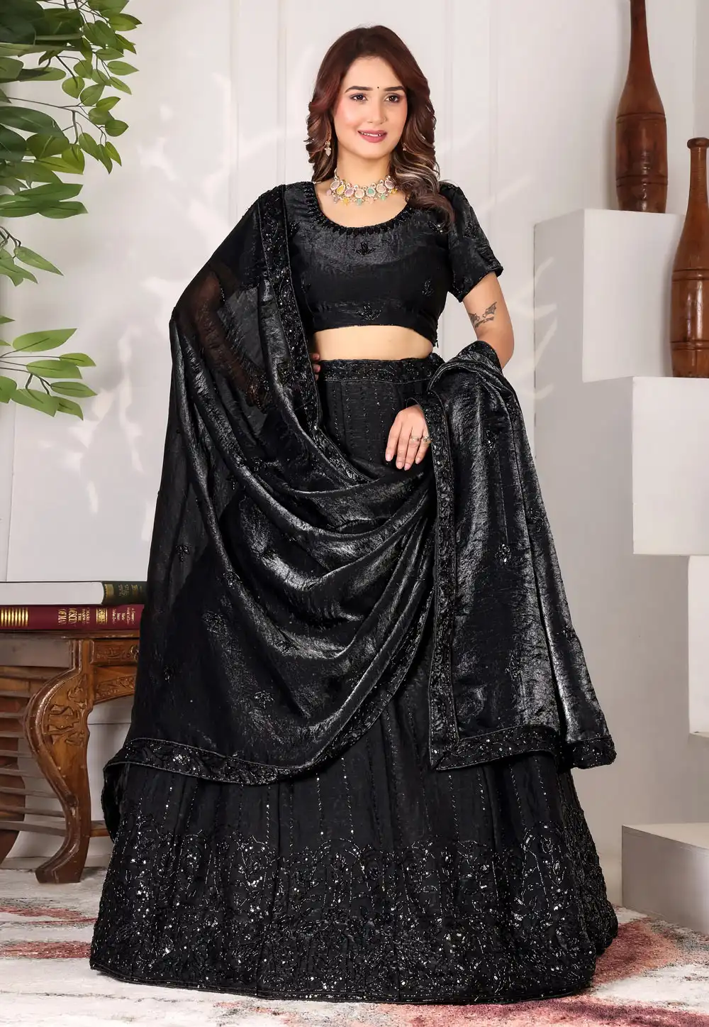 Black Silk Circular Lehenga Choli 327184