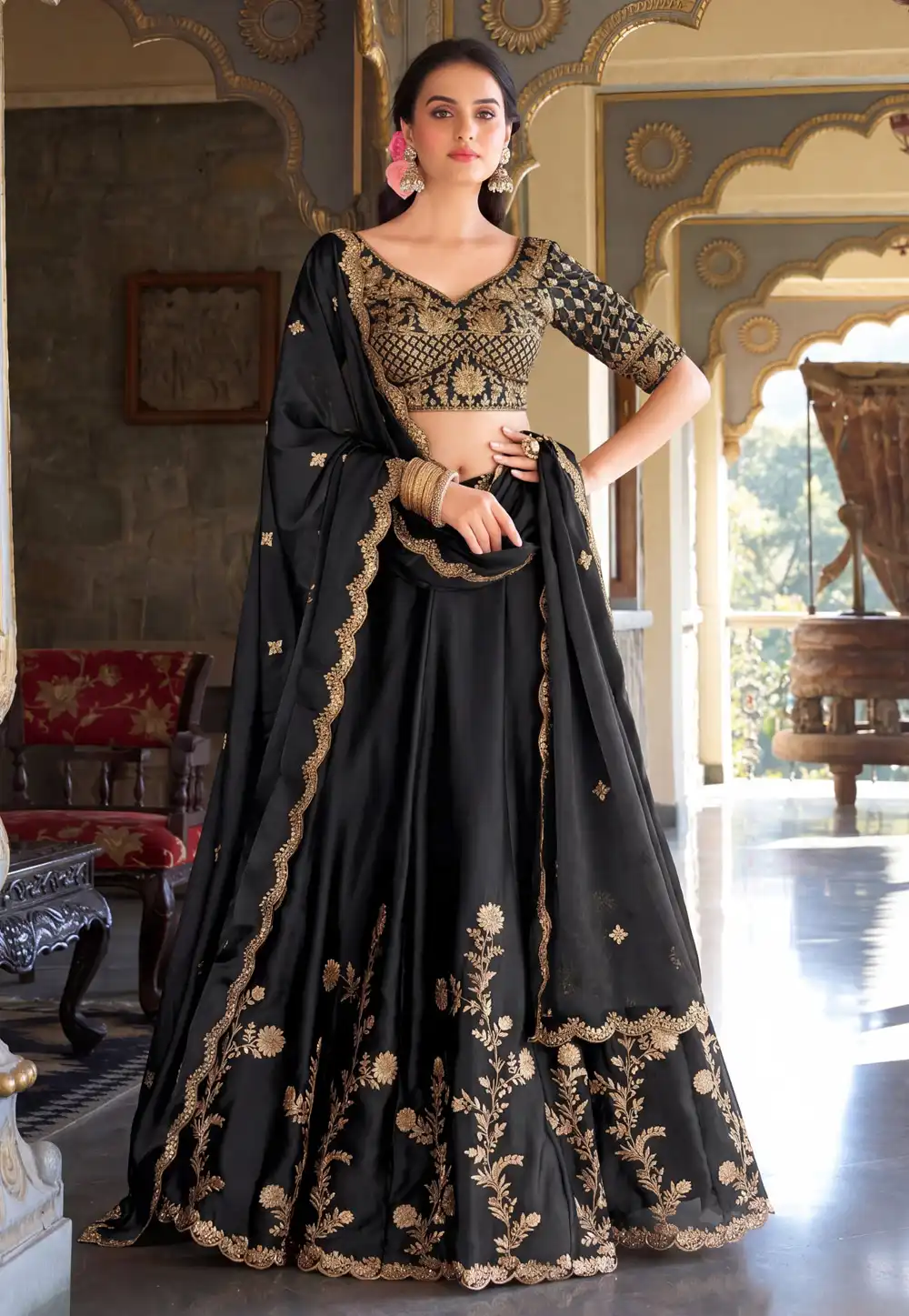 Black Silk Circular Lehenga Choli 329260