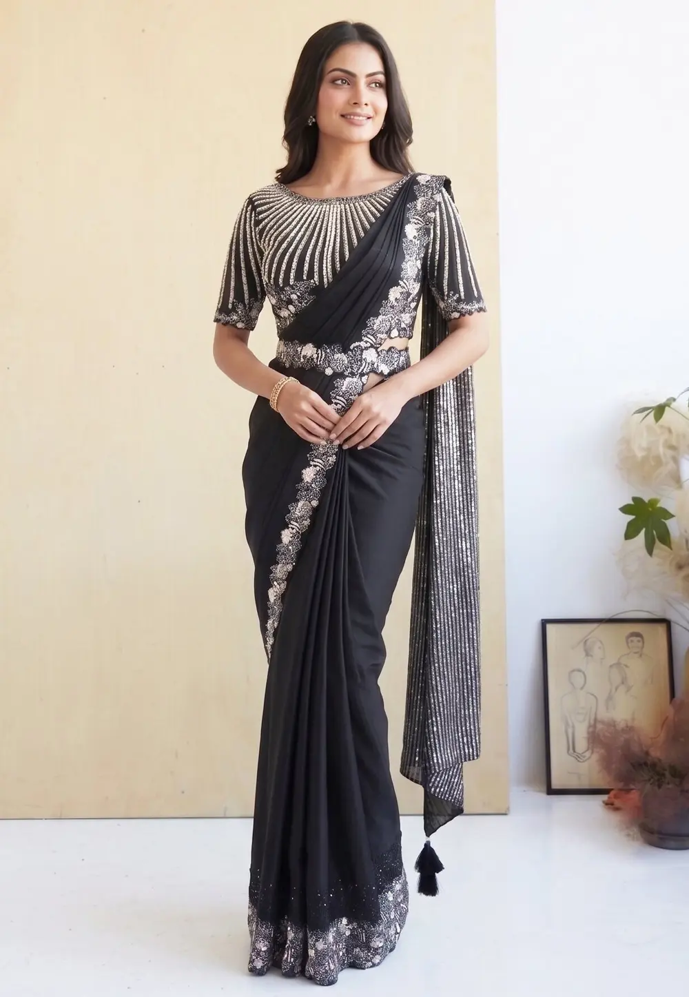 Black Silk Crepe Plain Saree With Designer Blouse 331754