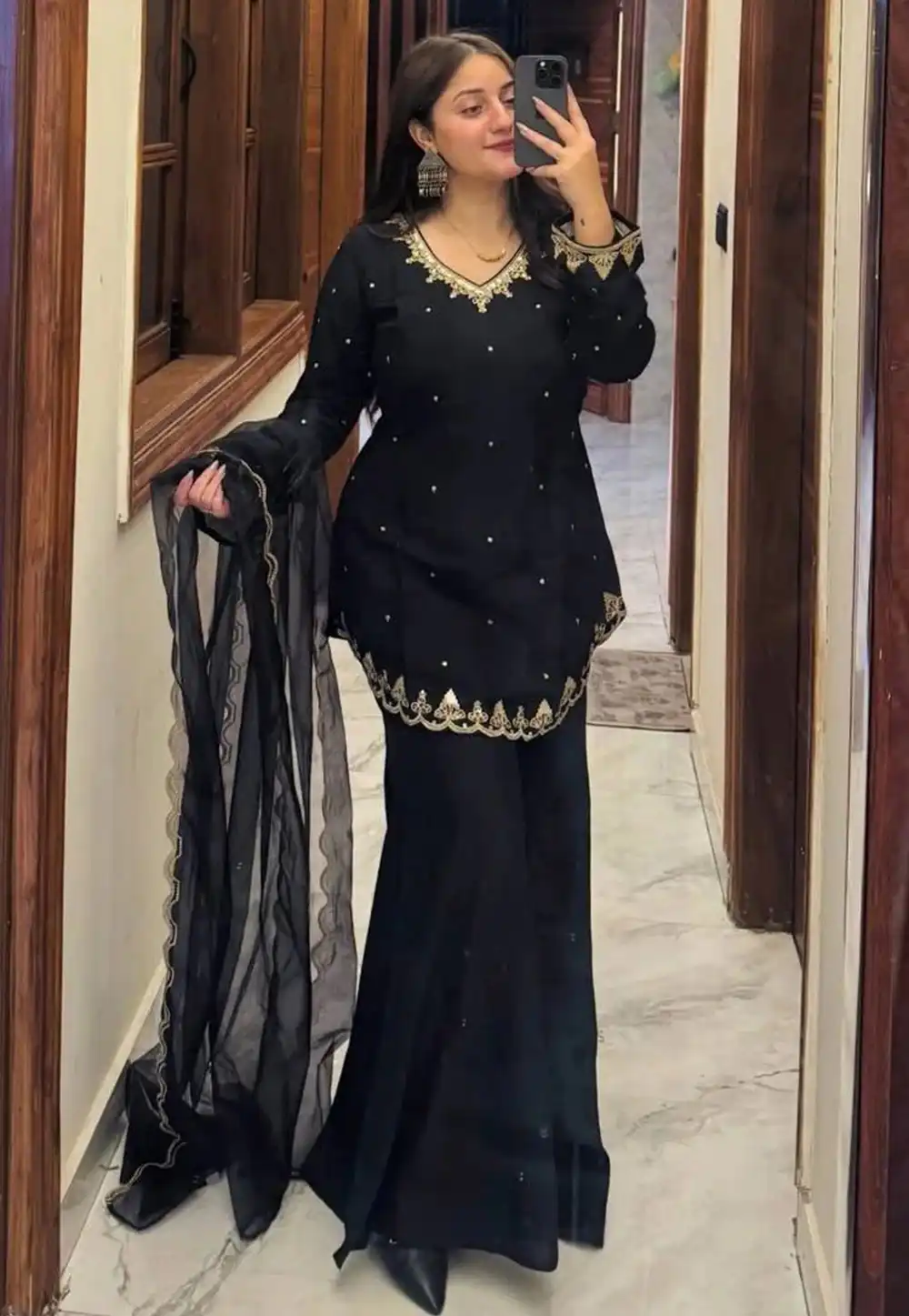 Black Silk Crepe Readymade Palazzo Suit 329026