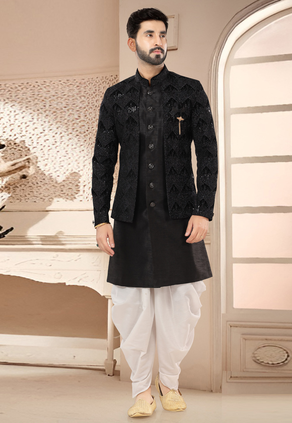 Black Silk Dhoti Sherwani 285784