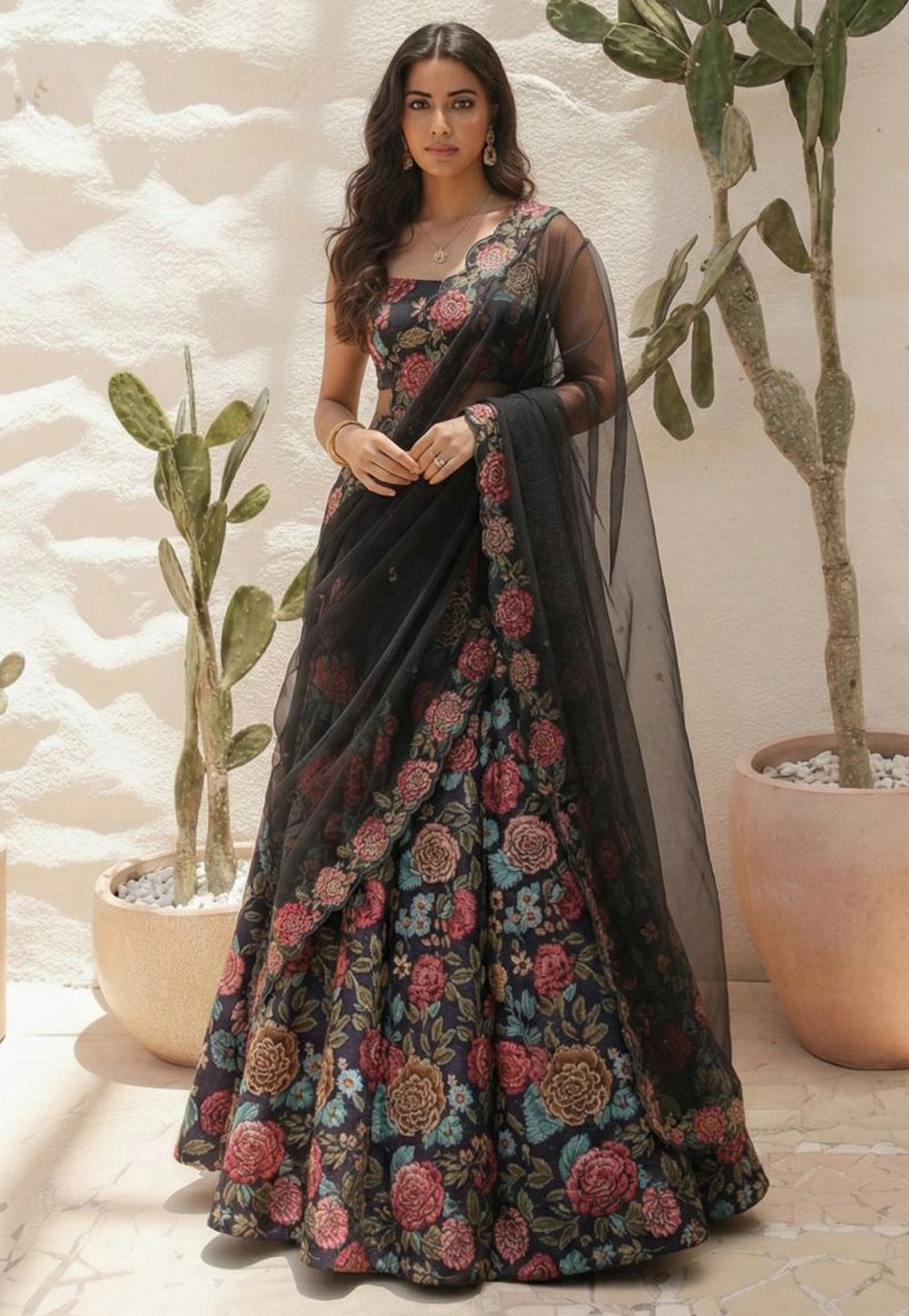 Black Silk Floral Lehenga choli 321919