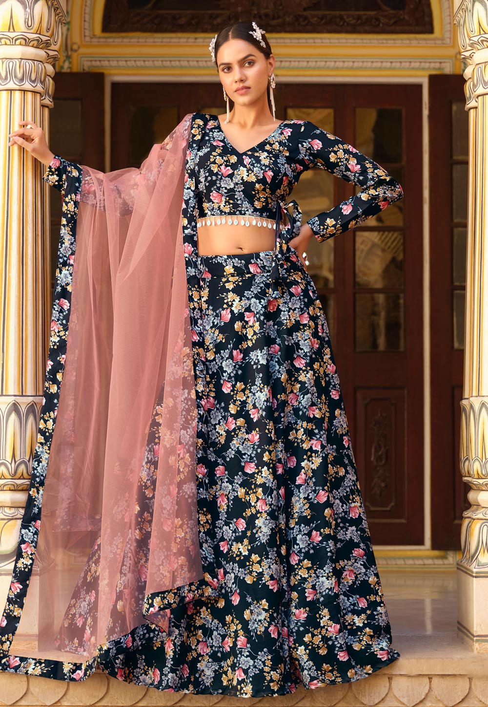 Black Silk Floral print Lehenga choli 280232