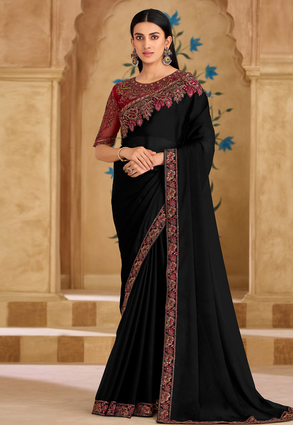 Black Silk Georgette Saree With Blouse 324680