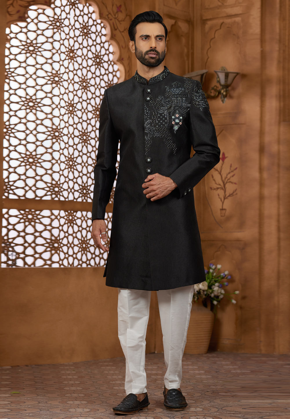 Black Silk Indo Western Sherwani 306711