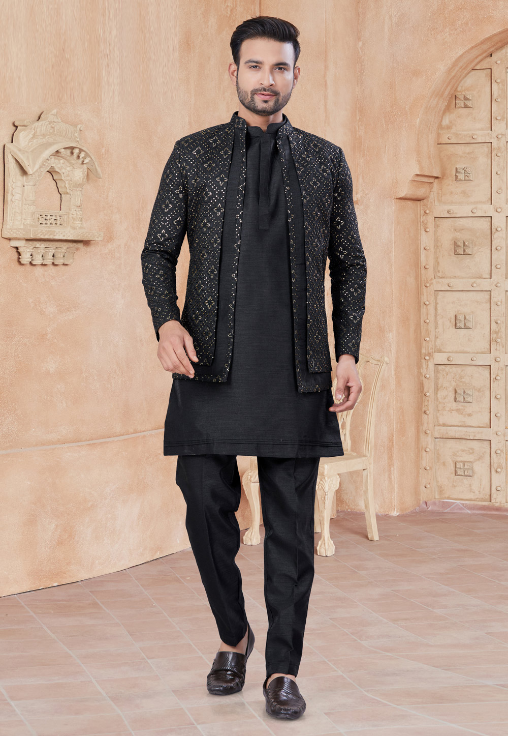 Black Silk Indo Western Suit 306681
