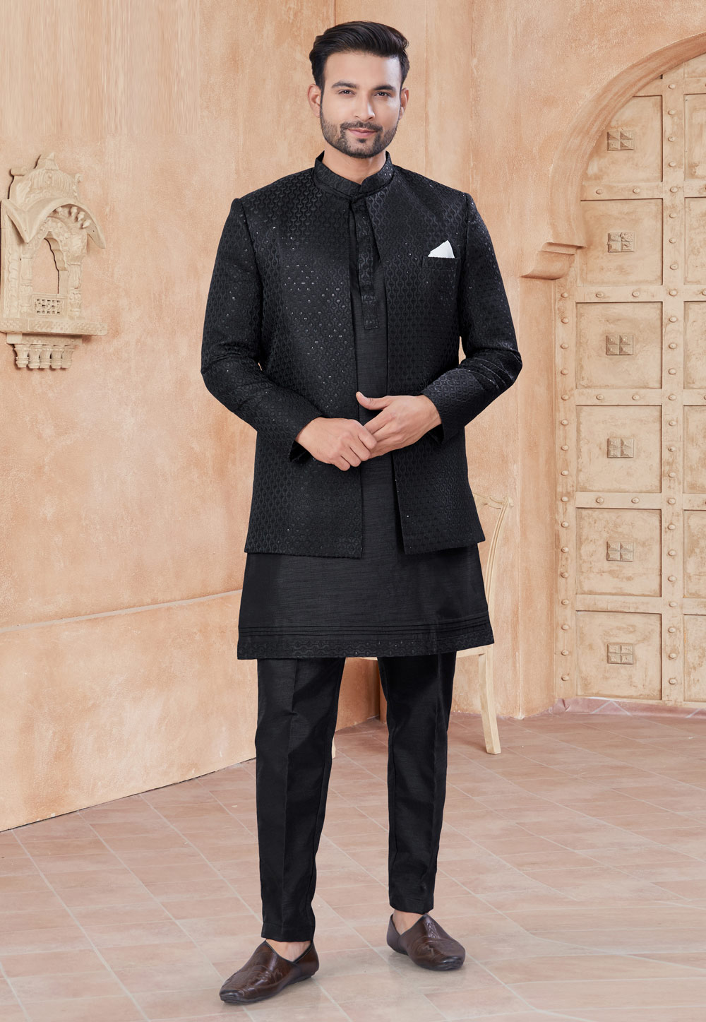 Black Silk Indo Western Suit 306684
