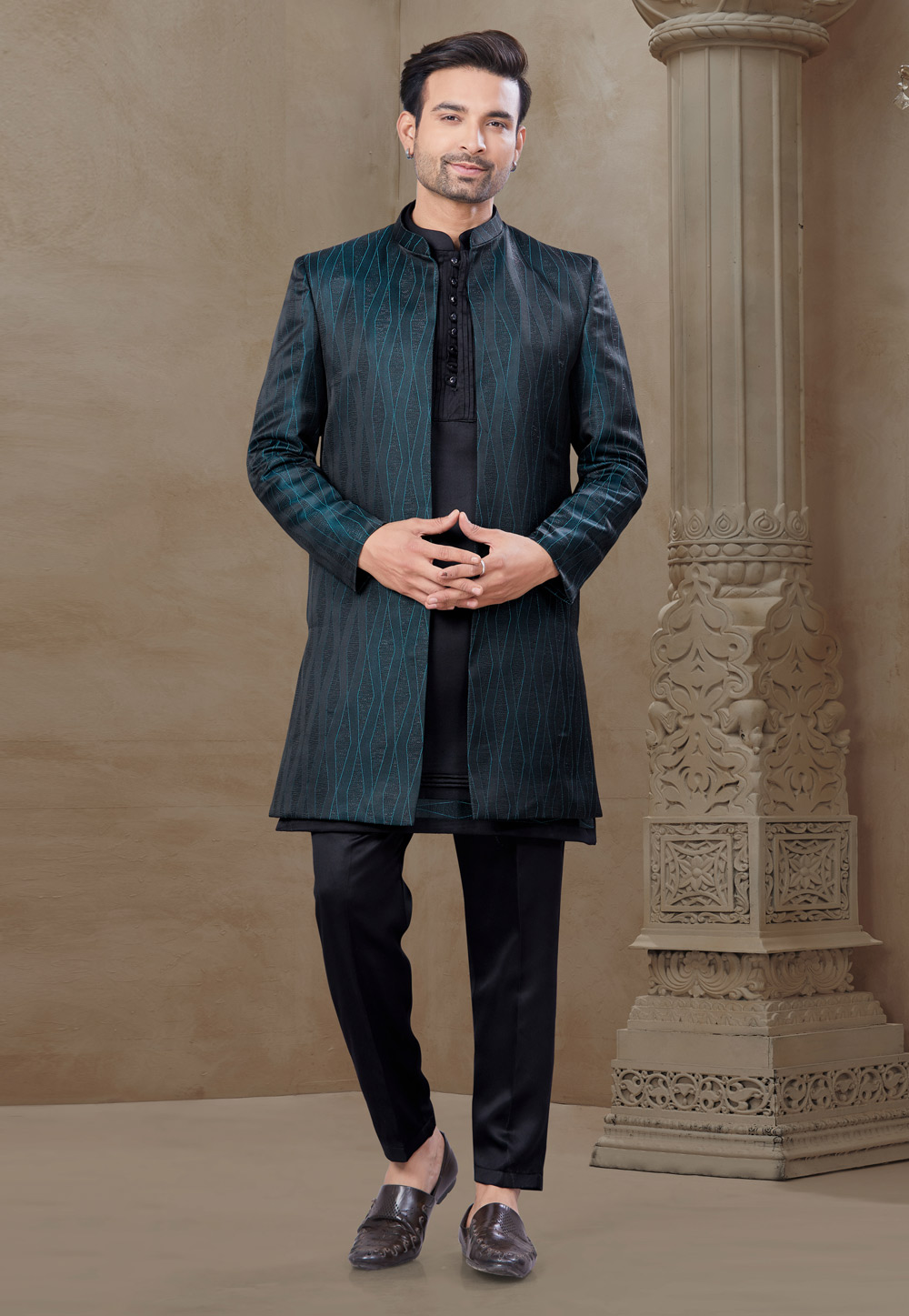 Black Silk Indo Western Suit 306697