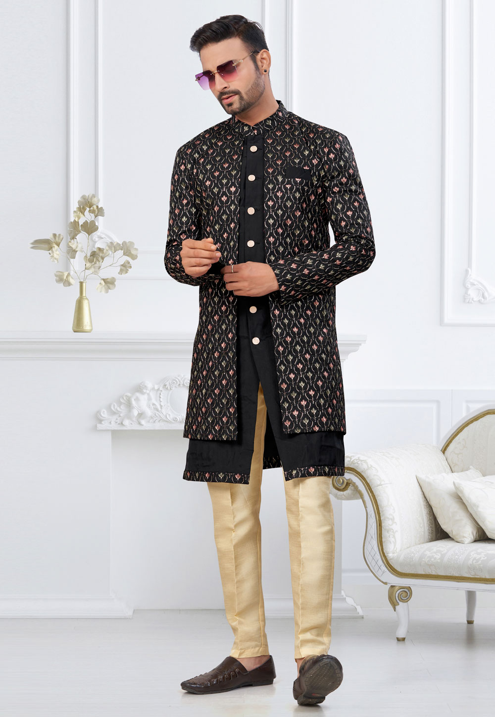 Black Silk Indo Western Suit 322883