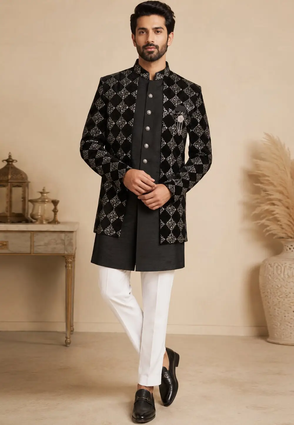 Black Silk Indo Western Suit 334980