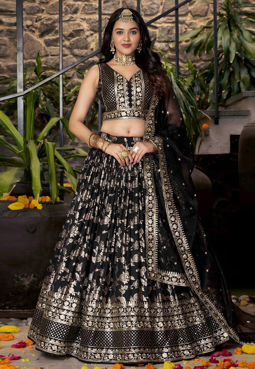 Black Silk Jacquard Circular Lehenga Choli 312558