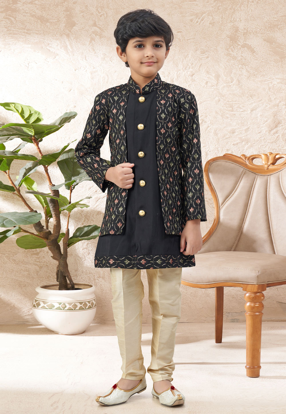 Black Silk Kids Indo Western Suit 324254