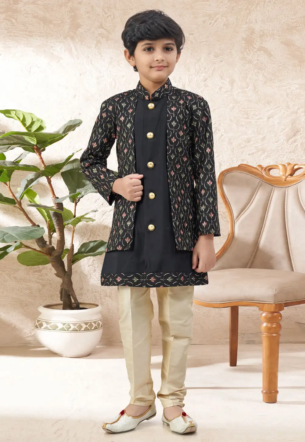 Black Silk Kids Indo Western Suit 324254
