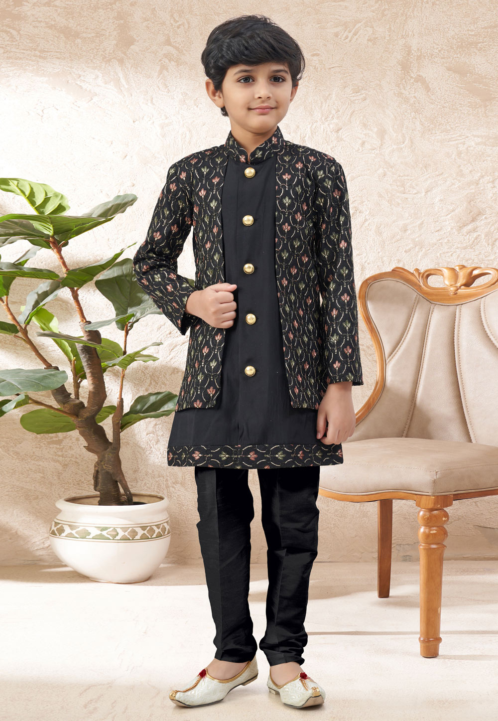 Black Silk Kids Indo Western Suit 328712