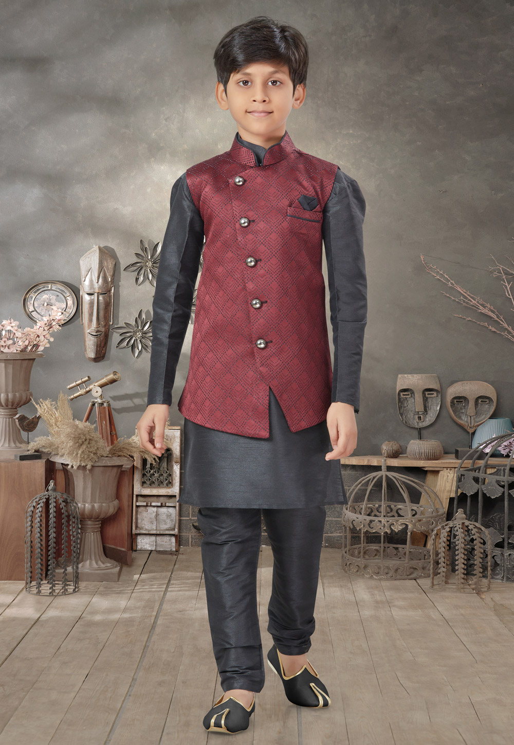 Black Silk Kids Kurta Pajama With Jacket 279091