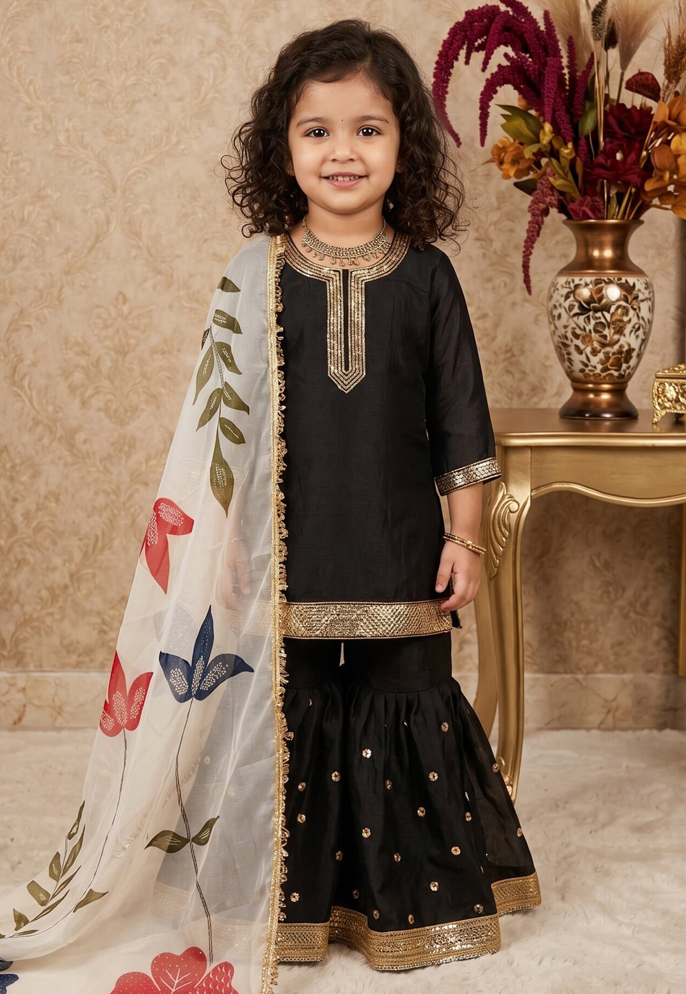 Black Silk Kids Sharara Suit 329476
