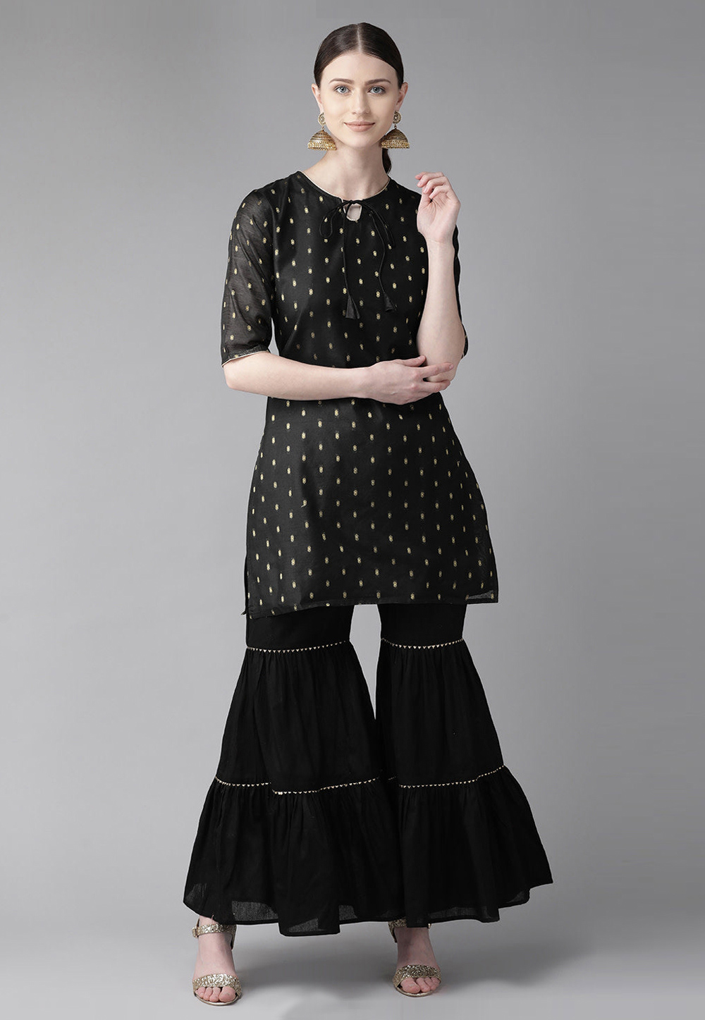 Black Silk Kurta Set With Sharara 281371