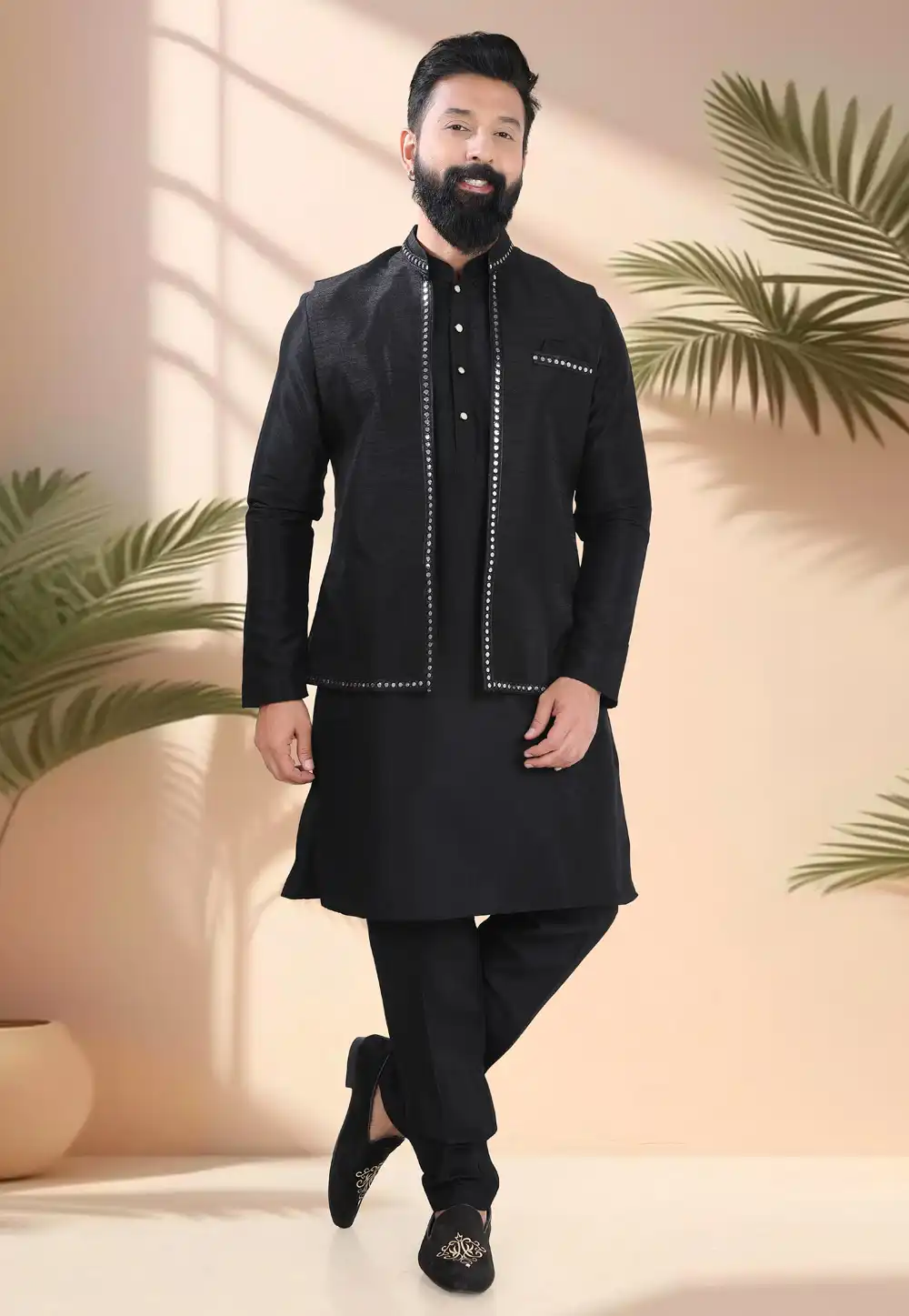 Black Silk Navratri Kurta Pajama With Jacket 316312