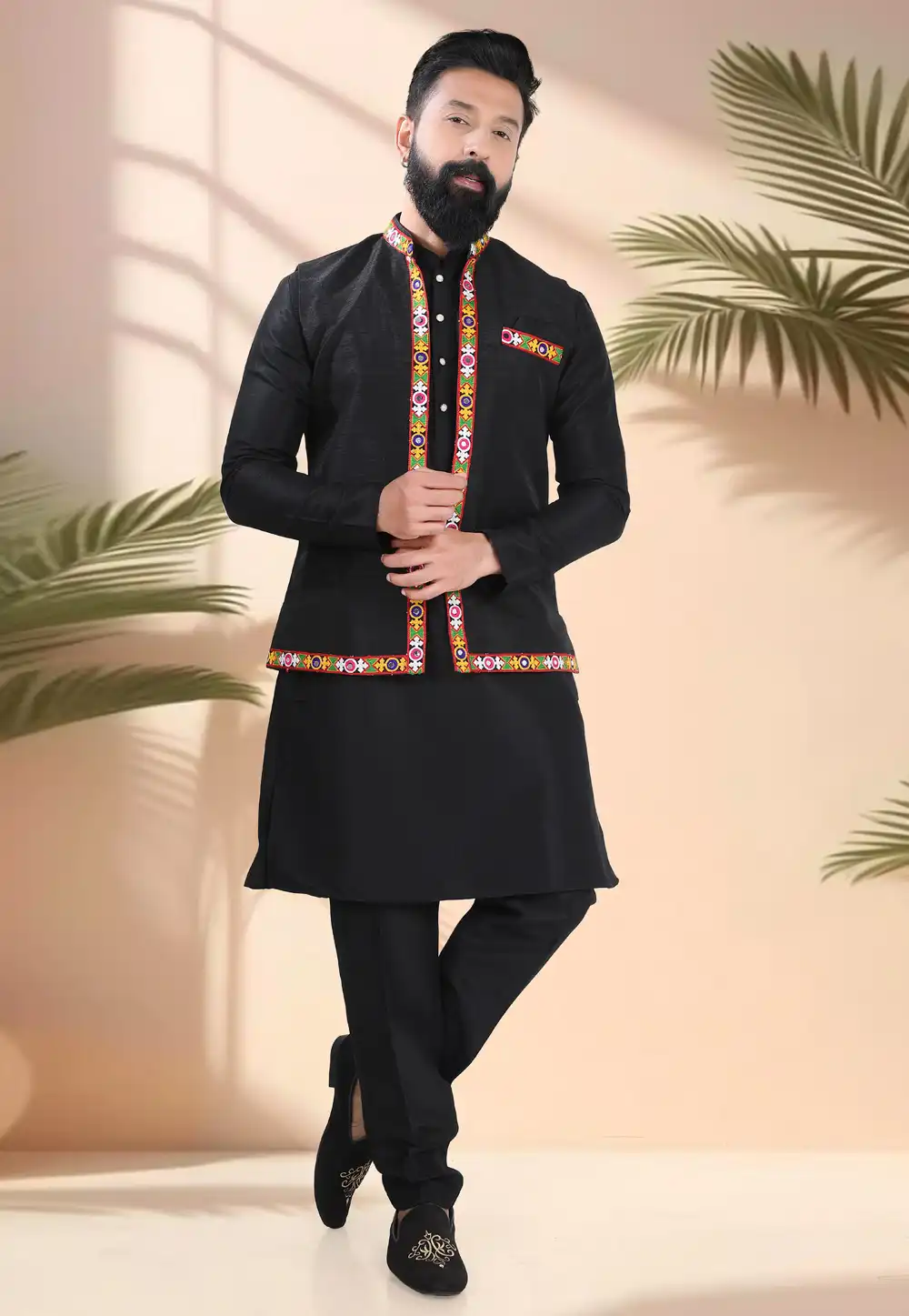 Black Silk Navratri Kurta Pajama With Jacket 316313