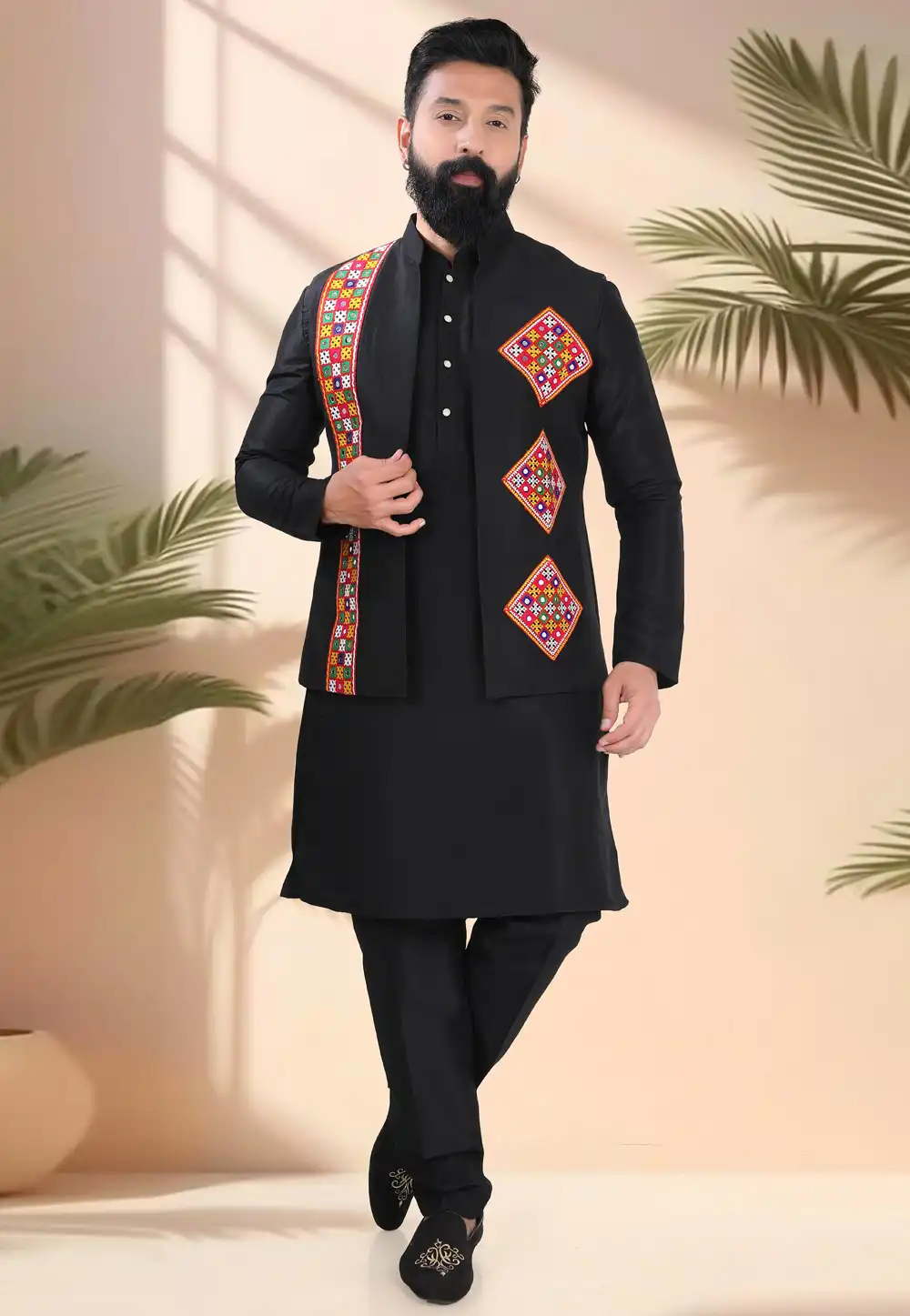 Black Silk Navratri Kurta Pajama With Jacket 316314